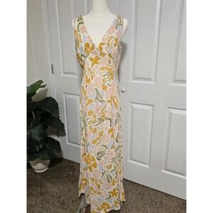 Paper Heart Maxi Dress Womens Large Multicolor Floral Linen Blend V-Neck Boho